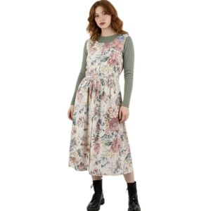 Vintage Floral Cotton Sleeveless Midi Dress Cottagecore